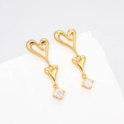 Cubic Zirconia & Heart Decor Drop Earrings