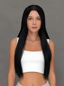 Pelucas sintéticas resistentes al calor de cabello liso dorado, de uso diario, hechas a máquina, para mujeres, aspecto natural, suave peluca sintética rubia para cosplay - Negro - Ver 1