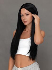 Pelucas sintéticas resistentes al calor de cabello liso dorado, de uso diario, hechas a máquina, para mujeres, aspecto natural, suave peluca sintética rubia para cosplay - Negro - Ver 3