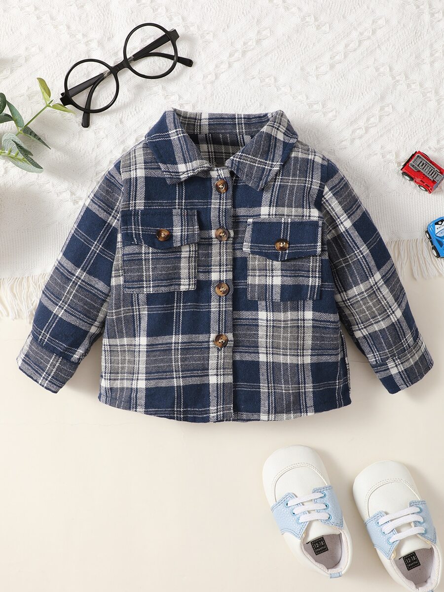 男嬰格紋前紐扣翻蓋口袋補丁貼襯衫 - 彩色 - 查看 1