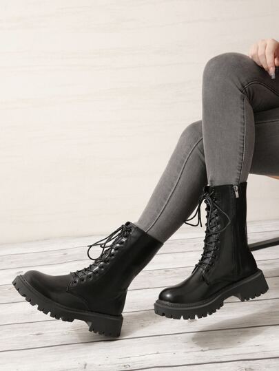 Fall/Winter Zip Side Lace-Up Front Combat Boots, Women's Fashion Chunky Heel Black Boots