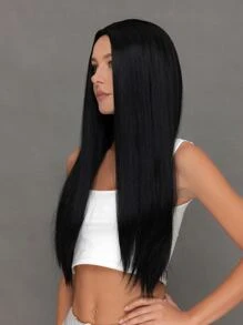 Pelucas sintéticas resistentes al calor de cabello liso dorado, de uso diario, hechas a máquina, para mujeres, aspecto natural, suave peluca sintética rubia para cosplay - Negro - Ver 4