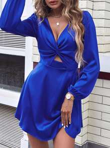 SHEIN Privé Đầm Cắt ra xoắn lại Dây kéo màu trơn Giải trí - Xanh đậm - Xem 5