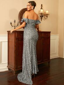 Missord Off Shoulder Ruffle Trim Draped Side Split Thigh Sequin Formal Gown