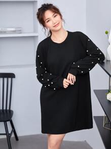 SHEIN LUNE 落肩袖珍珠串珠洋裝 - 黑色 - 查看 1
