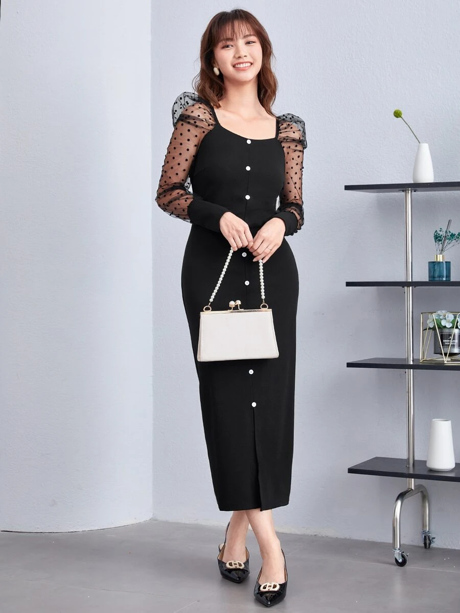 Modelyn Contrast Dobby Mesh Gigot Sleeve Button Front Dress - Black - View 1