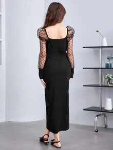 Modelyn Contrast Dobby Mesh Gigot Sleeve Button Front Dress - Black - View 2