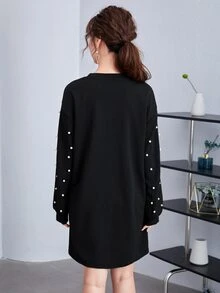 SHEIN LUNE 落肩袖珍珠串珠洋裝 - 黑色 - 查看 2