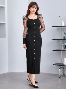 Modelyn Contrast Dobby Mesh Gigot Sleeve Button Front Dress - Black - View 3