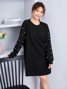 SHEIN LUNE 落肩袖珍珠串珠洋裝 - 黑色 - 查看 3
