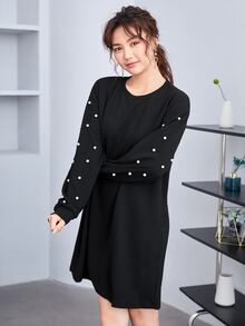 SHEIN LUNE 落肩袖珍珠串珠洋裝 - 黑色 - 查看 4