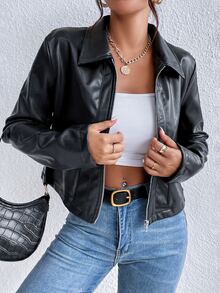 Serisse Women's Solid Color Cool Zip Up PU Jacket Fall Winter Black Casual Black - Black - View 4