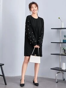 SHEIN LUNE 落肩袖珍珠串珠洋裝 - 黑色 - 查看 5