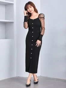 Modelyn Contrast Dobby Mesh Gigot Sleeve Button Front Dress - Black - View 5