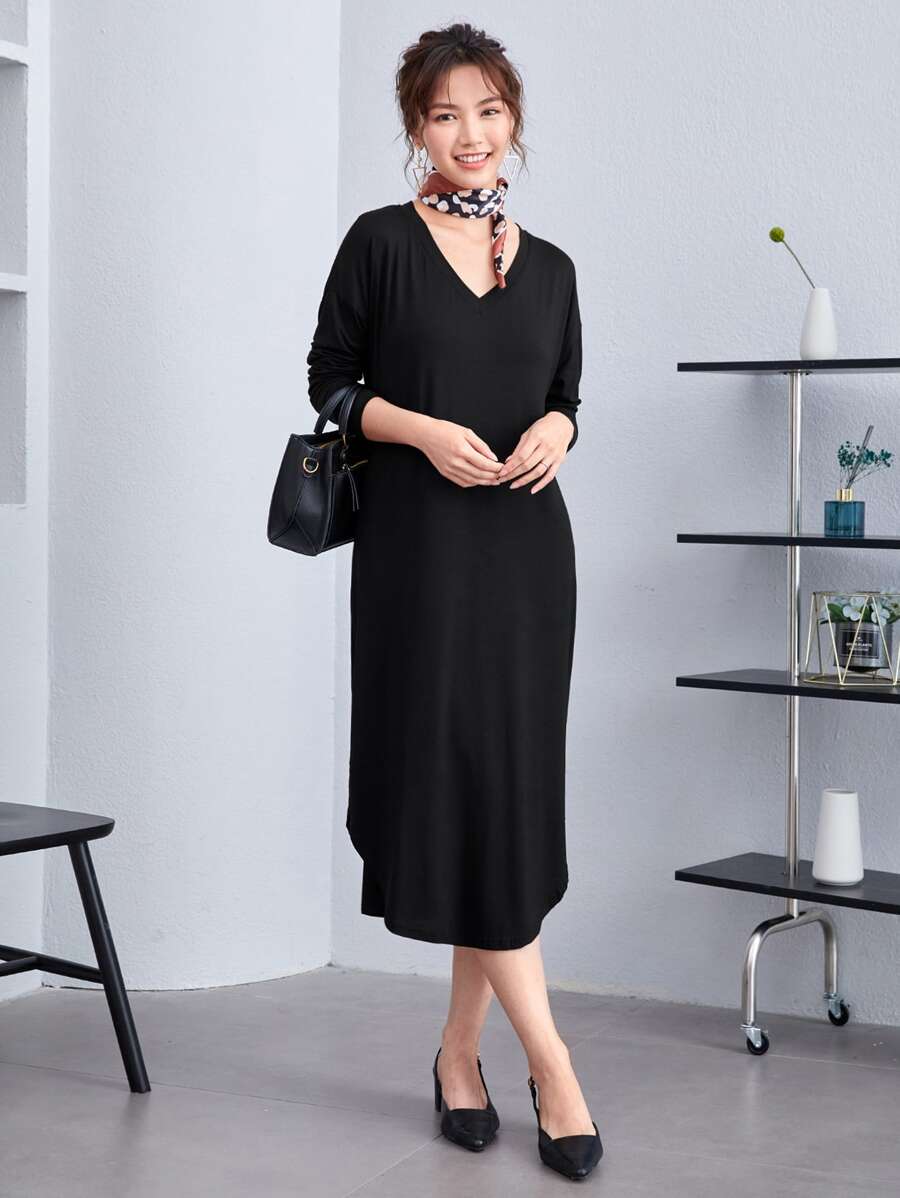 SHEIN BASICS Đầm Bất đối xứng màu trơn Giải trí - màu đen - Xem 1