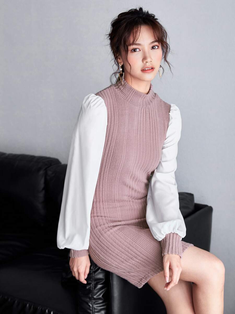 SHEIN Privé Bishop Sleeve Ribbed Stand Collar Dress - Dusty Pink - View 1