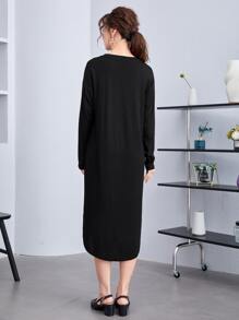 SHEIN BASICS Đầm Bất đối xứng màu trơn Giải trí - màu đen - Xem 2