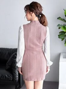 SHEIN Privé Bishop Sleeve Ribbed Stand Collar Dress - Dusty Pink - View 2