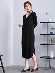 SHEIN BASICS Đầm Bất đối xứng màu trơn Giải trí - màu đen - Xem 3