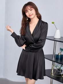 SHEIN Privé Button Detail Belted Satin Dress - Black - View 1