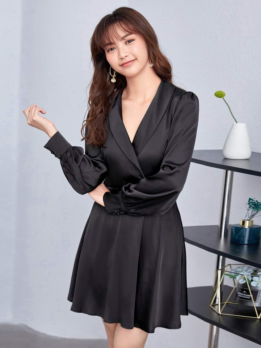 SHEIN Privé Button Detail Belted Satin Dress - Black - View 1