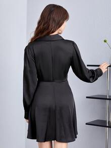 SHEIN Privé Button Detail Belted Satin Dress - Black - View 2