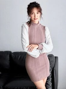 SHEIN Privé Bishop Sleeve Ribbed Stand Collar Dress - Dusty Pink - View 3