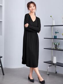 SHEIN BASICS Đầm Bất đối xứng màu trơn Giải trí - màu đen - Xem 5