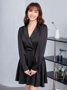 SHEIN Privé Button Detail Belted Satin Dress - Black - View 5