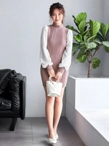 SHEIN Privé Bishop Sleeve Ribbed Stand Collar Dress - Dusty Pink - View 5
