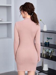 SHEIN Privé Mock-Neck Lettuce Trim Rib-knit Dress
