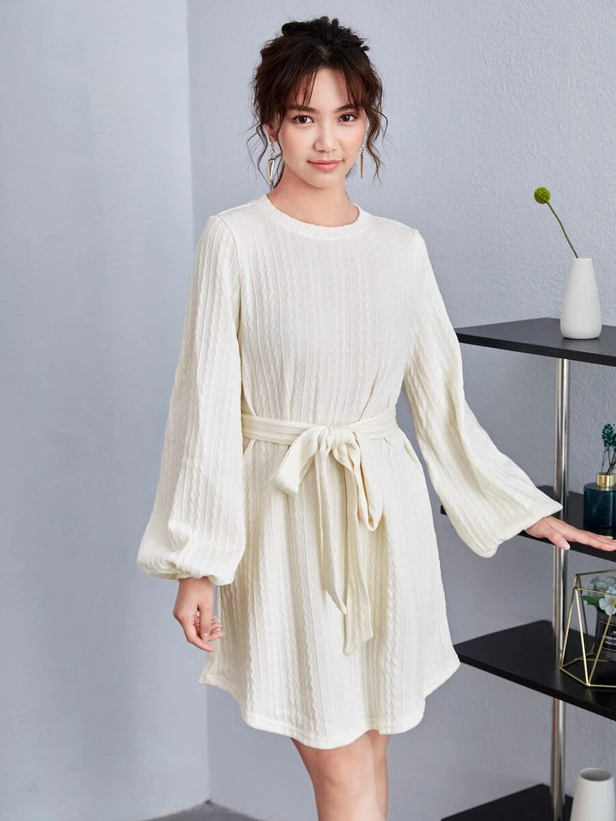 SHEIN Frenchy Bishop Sleeve Cable Knit Belted Dress - Beige - View 1