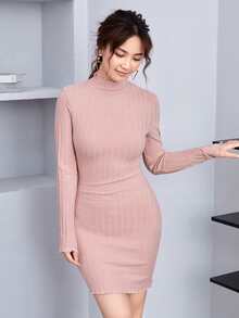 SHEIN Privé Mock-Neck Lettuce Trim Rib-knit Dress