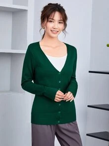 AAmilife 紐扣素色開衫 - 墨綠色 - 查看 4