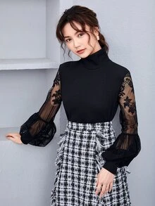 SHEIN 高領蕾絲燈籠袖子上衣 - 黑色 - 查看 1