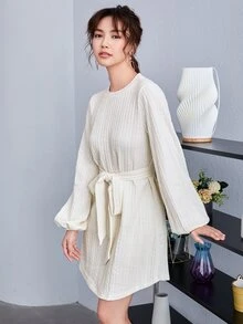 SHEIN Frenchy Bishop Sleeve Cable Knit Belted Dress - Beige - View 3