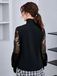 SHEIN 高領蕾絲燈籠袖子上衣 - 黑色 - 查看 2