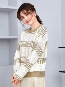 Chiquease Two Tone Drop Shoulder Sweater Knit Pullover Fall Winter Outfit