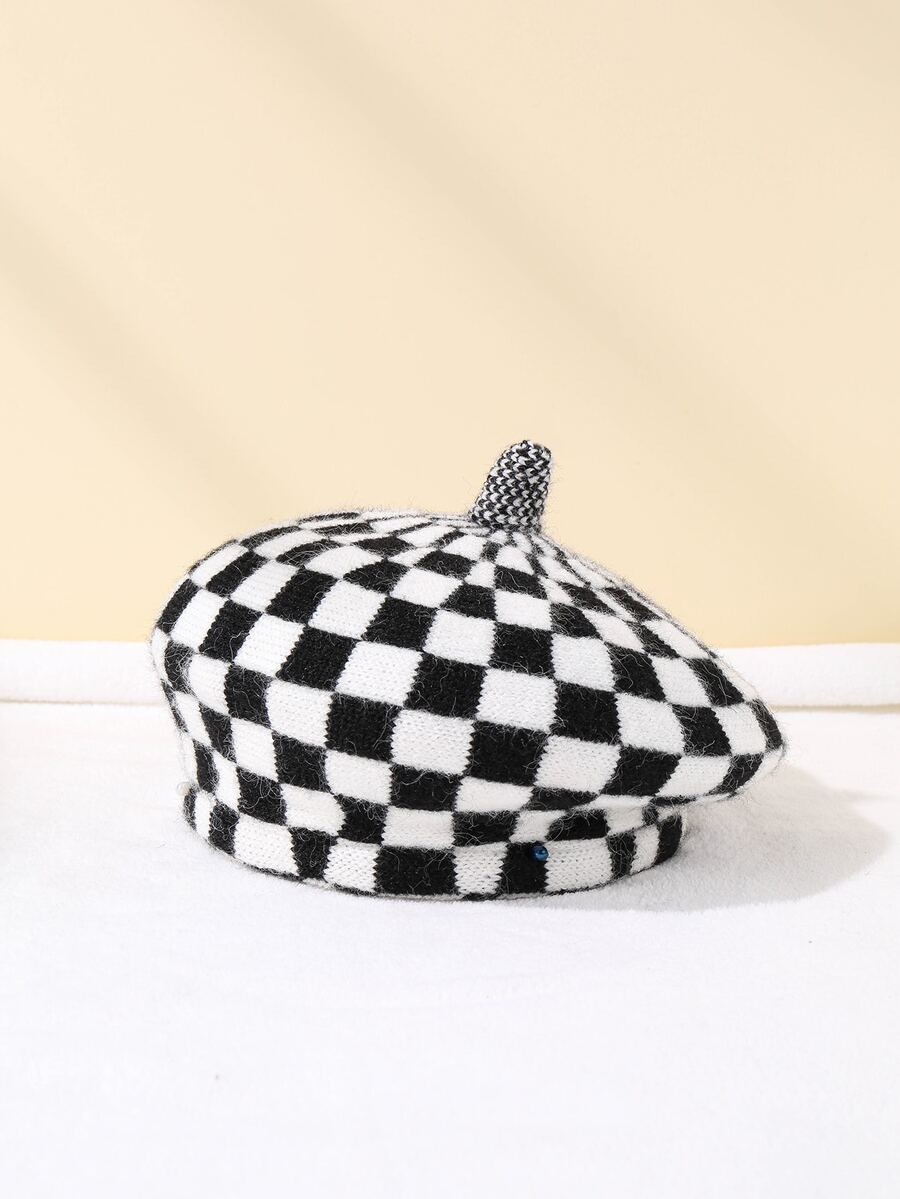 Bebé Boina con patrón de cuadros - Blanco y Negro - Ver 1