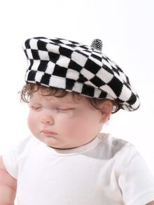 Bebé Boina con patrón de cuadros - Blanco y Negro - Ver 3