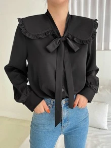 DAZY Statement Collar Frill Trim Knot Front Shirt - Black - View 1