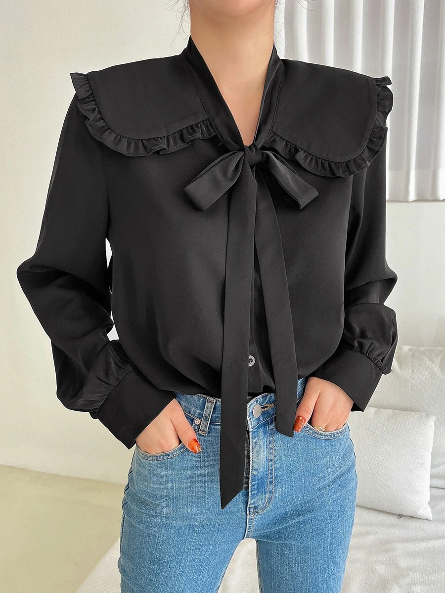 DAZY Statement Collar Frill Trim Knot Front Shirt - Black - View 1