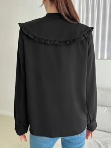 DAZY Statement Collar Frill Trim Knot Front Shirt - Black - View 2