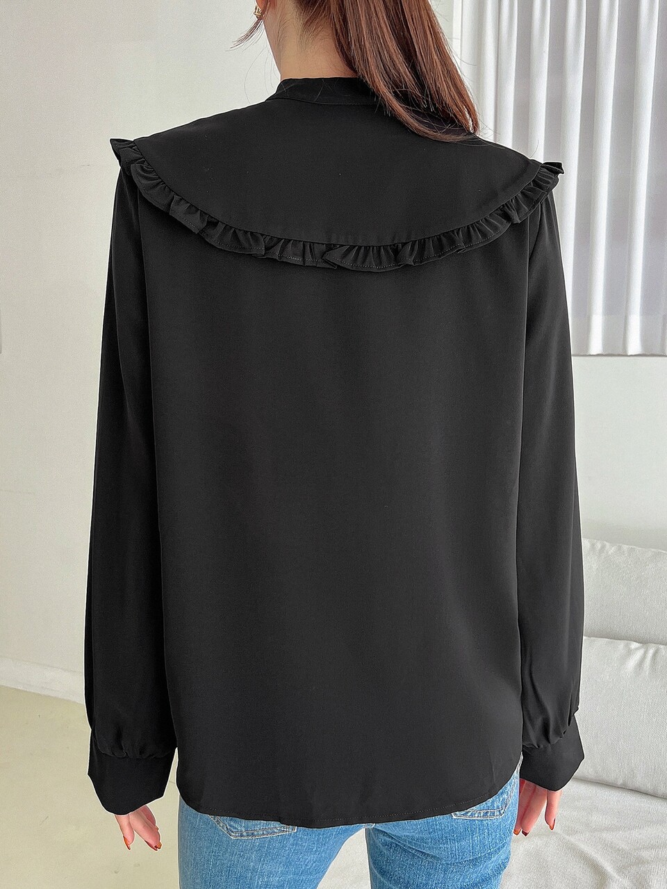 Statement Collar Frill Trim Knot Front Shirt