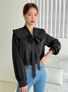 DAZY Statement Collar Frill Trim Knot Front Shirt - Black - View 4