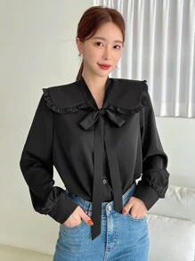 DAZY Statement Collar Frill Trim Knot Front Shirt - Black - View 5
