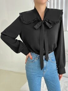 DAZY Statement Collar Frill Trim Knot Front Shirt - Black - View 6