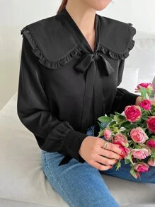DAZY Statement Collar Frill Trim Knot Front Shirt - Black - View 7