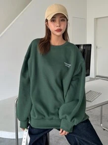 DAZY Letter Embroidery Drop Shoulder Thermal Pullover Sweatshirt - Dark Green - View 1