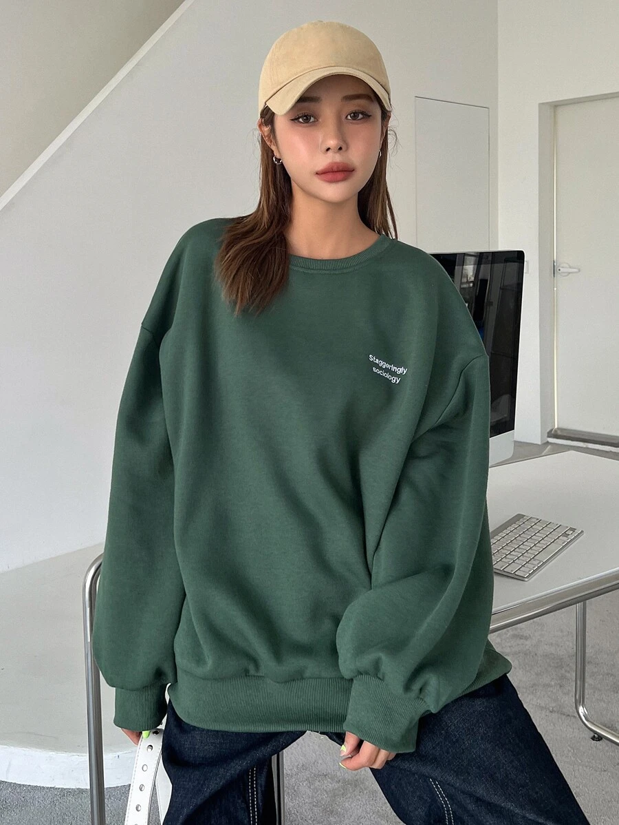 DAZY Letter Embroidery Drop Shoulder Thermal Pullover Sweatshirt - Dark Green - View 1